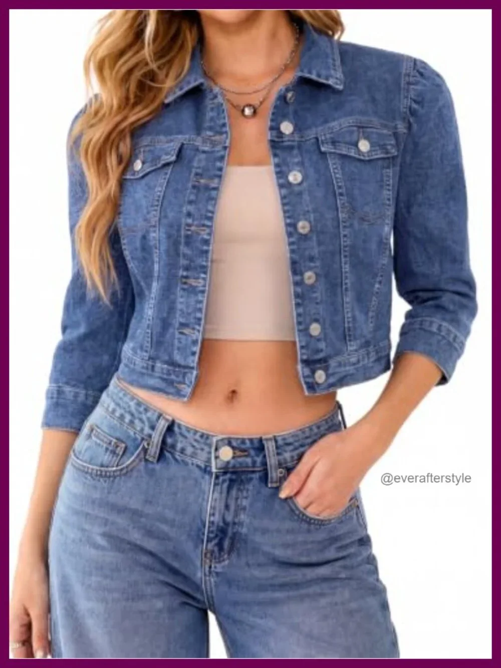 Women's Crop Jean Jacket 3/4 Sleeve Button Down Denim Coat